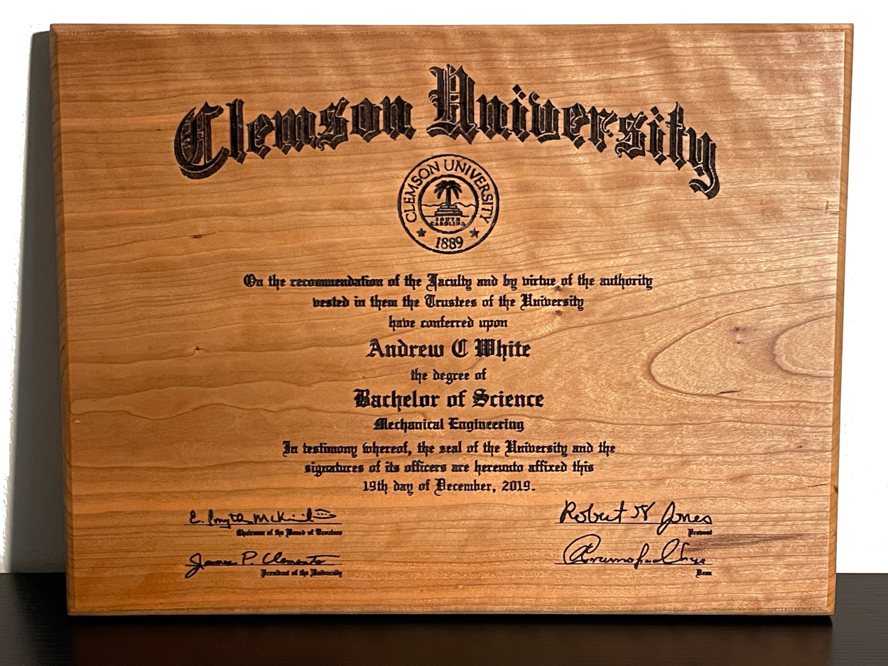 Custom Engraved Cherry Certificate (12" x 15")